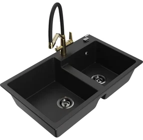 Mexen Tomas, 2-komorový granitový drez 800x500x190 mm  a kuchynská batéria Duo, čierna, 6516-77-671701-57-B