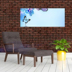 Obraz - Motýľ na kvetoch orchidey, modrý (120x50 cm)