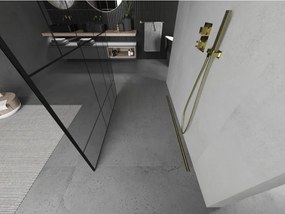 Mexen Kioto, priechodná sprchová zástena 110 x 200 cm, 8mm sklo číre/čierny vzor, 2x zlatá stabilizačná rozpera, 800-110-002-50-78