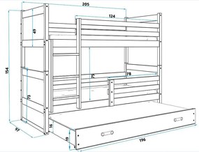 Poschodová posteľ s prístelkou RICO 3 - 200x90cm - Grafitový - Grafitový