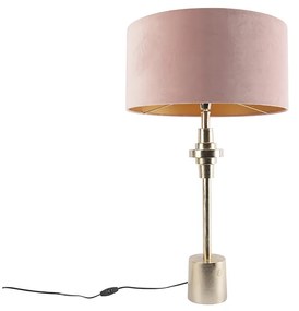 Art Deco stolná lampa zlatý zamatový tienidlo ružový 50 cm - Diverso