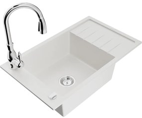 Mexen Elias, 1-komorový granitový drez 795x480x200 mm a drezová batéria Savita, biela, 6511-20-672601-00