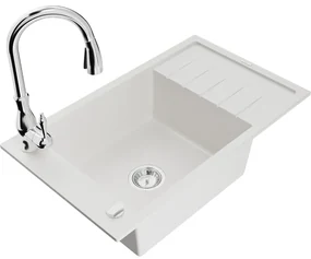 Mexen Elias, 1-komorový granitový drez 795x480x200 mm a drezová batéria Savita, biela, 6511-20-672601-00