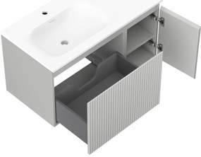 Mexen Rivel, kúpeľňová skrinka 90 cm s umývadlom Vela na ľavej strane, 1S, 1D, drážkovaná, sivá matná/biela matná - 91A23-09047-3-BBFF62-W23L01