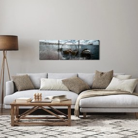 Obraz - Drevené loďky na jazere (s hodinami) (90x30 cm)