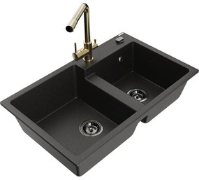 Mexen Tomas, granitový drez 800x500x190 mm, 2-komorový a zlatá batéria Duero, čierna - zlatá metalíza, 6516-75-671600-50-B