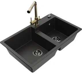 Mexen Tomas, granitový drez 800x500x190 mm, 2-komorový a zlatá batéria Duero, čierna - zlatá metalíza, 6516-75-671600-50-B