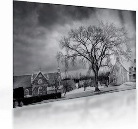 Sklenený obraz čiernobielej dediny (70x50 cm)