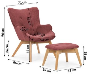 Červené menčestrové kreslo s podnožkou Niko – Ropez