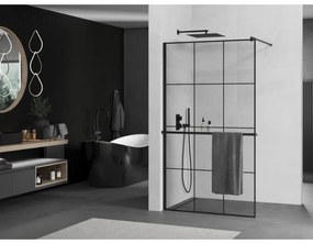 Mexen Kioto+, sprchová zástena s poličkou a držiakom na uteráky 120 x 200 cm, 8mm sklo číre sklo vzor čierny, čierny profil, 800-120-121-70-77