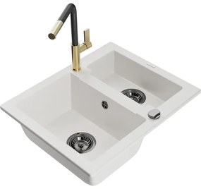 Mexen Carlos, 1,5-komorový granitový drez 582x475x177 mm a drezová batéria Flora, biela, 6518-20-670401-57-B
