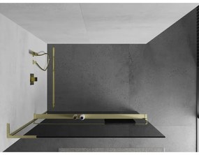 Mexen Kioto+ L, sprchová zástena Walk-In s poličkou a vešiakom 90 x 200 cm, 8mm šedé sklo, zlatý matný profil, 800-090-123-55-40