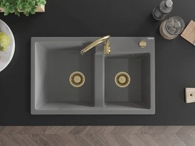 Mexen Tomas, granitový drez 800x500x190 mm, 2-komorový, šedá so zlatým sifónom, 6516802000-71-G