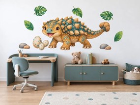Veselý ankylosaurus s vajíčkami detské akvarelové nálepky pre milovníkov dinosaurov na stenu hárok 46 x 34 cm