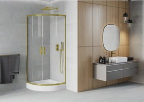 Mexen Rio, štvrťkruhový sprchovací kút s posuvnými dverami 70(dvere) x 70(dvere) x 190 cm, 6mm číre sklo, zlatý profil + biela sprchová vanička RIO, 863-070-070-50-00-4710