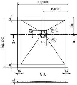 Mexen Stone+, štvorcová vanička z minerálneho kompozitu 100 x 100 cm, biela, biela krytka, 44101010-W