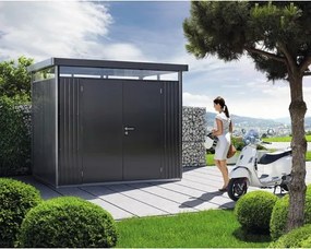 Plechový záhradný domček Biohort HighLine H2 dvojkrídlové dvere 254x174 cm strieborný metalický