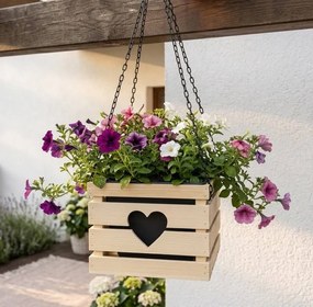 AMADEA Drevený závesný obal na kvetináč so srdcom, 27x27x21 cm, český výrobok