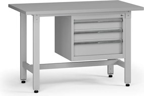 Výškovo nastaviteľný dielenský stôl G5, 1200 x 750 x 800-1000 mm, 1x kontajner, 3 zásuvky, sivá