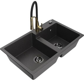 Mexen Tomas, 2-komorový granitový drez 800x500x190 mm a drezová batéria Aster, čierna škvrnitá, 6516-76-73450-57-B