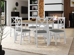Stôl so 6 stoličkami - AL43, Morenie: dub artisan L, Poťahové látky: Hygge D91, Farby nožičiek: biela