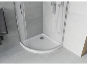 Mexen Rio, štvrťkruhový sprchovací kút s posuvnými dverami 90 x 90 cm, 6mm sklo námraza, chrómový profil + biela sprchová vanička, 863-090-090-01-30-4110