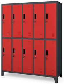 Kovová šatňová boxová skriňa na nôžkach s 10 boxami BARTEK, 1360 x 1720 x 450 mm, antracitovo-červená