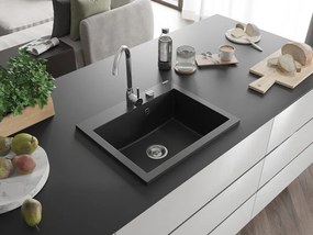 Mexen Elix granitový drez 1-komorový 600 x 500 mm, čierny, sifón chróm - 6525601005-77
