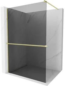 Mexen Kioto+, sprchová zástena Walk-In s poličkou a vešiakom 130 x 200 cm, 8mm šedé sklo, zlatý matný profil, 800-130-121-55-40