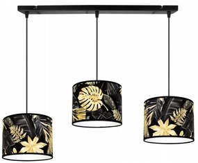 Závesné svietidlo Gold Flowers, 3x čierne textilné tienidlo s kvetinovým vzorom