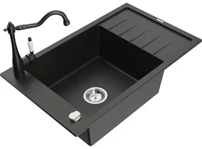Mexen Elias, granitový drez 795x480x200 mm, 1-komorový a drezová batéria Carla, čierna-zlatá metalíza, 6511-75-670700-70