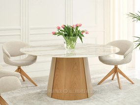Elegantný okrúhly keramický stôl DONAT 160 bielo-zlatý mramor + dub