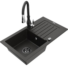 Mexen Pablo, granitový drez 752x436x161 mm, 1-komorový a drezová batéria Savita, čierna-zlatá metalíza, 6510-75-672601-70-B