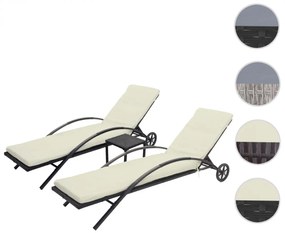 Set 2 záhradných lehátok HWC-E27, polyratan - béžové vankúše - čierna