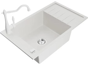 Mexen Elias, granitový drez 795x480x200 mm, 1-komorový a drezová batéria Carla, biela, 6511-20-670700-20