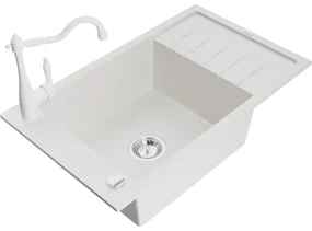 Mexen Elias, granitový drez 795x480x200 mm, 1-komorový a drezová batéria Carla, biela, 6511-20-670700-20