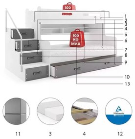 MAX 3 - Poschodová posteľ rozšírená - 200x120cm - Biely - Grafitový