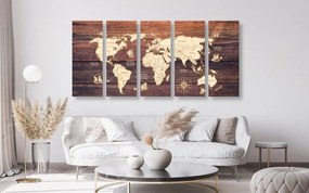5-dielny obraz mapa sveta na drevenom podklade