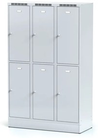 Alfa 3 Šatníková skrinka na sokli s úložnými boxami, 6 boxov, 1920 x 1200 x 500 mm, otočný zámok, sivé dvere
