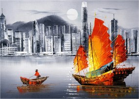 Obraz - Victoria Harbor, Hong Kong, čiernobiela olejomaľba (70x50 cm)