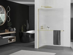 Mexen Kioto+ L, sprchová zástena Walk-In s poličkou a vešiakom 70 x 200 cm, 8mm sklo s rebrovým vzorom, zlatý lesklý profil,800-070-123-50-09