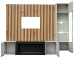 Obývacia stena Xavus L-K (perla grey + dub artisan)(s osvetlením) (s bio krbom). Vlastná spoľahlivá doprava až k Vám domov. 1118833