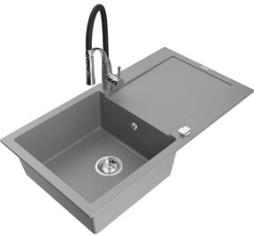 Mexen Leo, granitový drez 900x500x190 mm, 1-komorový a drezová batéria Aster, šedá, 6501-71-73450-07