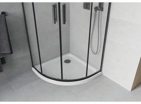 Mexen Rio, štvrťkruhový sprchovací kút s posuvnými dverami 80(dvere) x 80(dvere) x 190 cm, 6mm sklo námraza, čierny profil + biela sprchová vanička SLIM, 863-080-080-70-30-4110B