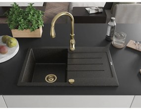 Mexen Bruno, 1-komorový granitový drez 795x495x200 mm a drezová batéria Savita, čierna-zlatá metalíza, 6513-75-672601-50