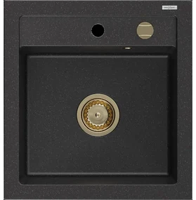 Mexen Vito granitový jednokomorový drez 520 x 490 mm, Čierna/Strieborná metalíza, Sifón Zlatá - 6503521000-73-G