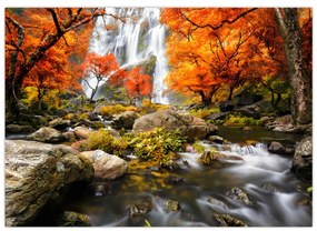 Sklenený obraz - Vodopády v oranžovom lese (70x50 cm)