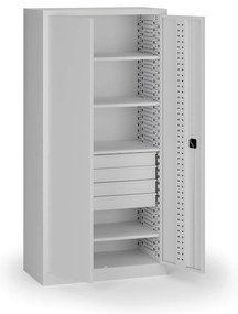 Policová dielenská skriňa 2-dverová, 4 police + 4 zásuvky, 1950 × 950 × 500 mm, sivé dvere