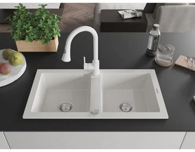 Mexen Mario, 2-komorový granitový drez 820x436x161 mm a drezová batéria Elia, biela, 6504-20-670101-20
