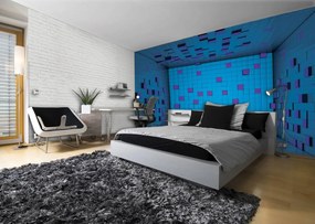 Fototapeta - 3D miestnosť z modrých kociek (254x184 cm)